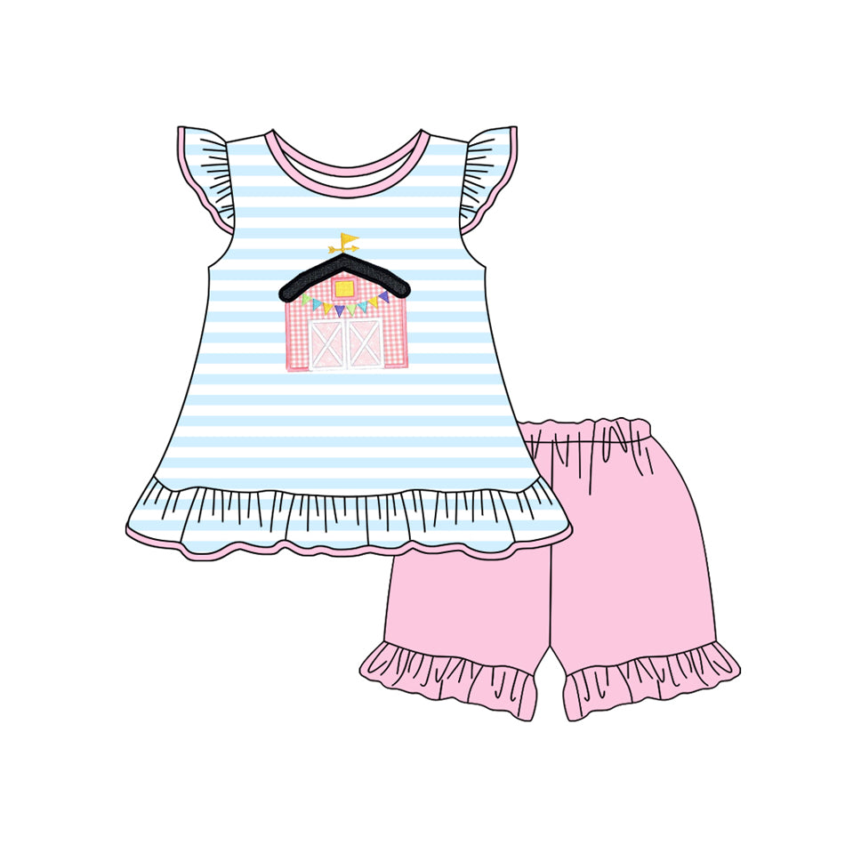 Baby Girls Light Blue Stripe Flutter Sleeves House Tunic Pink Ruffle Short Farm Set