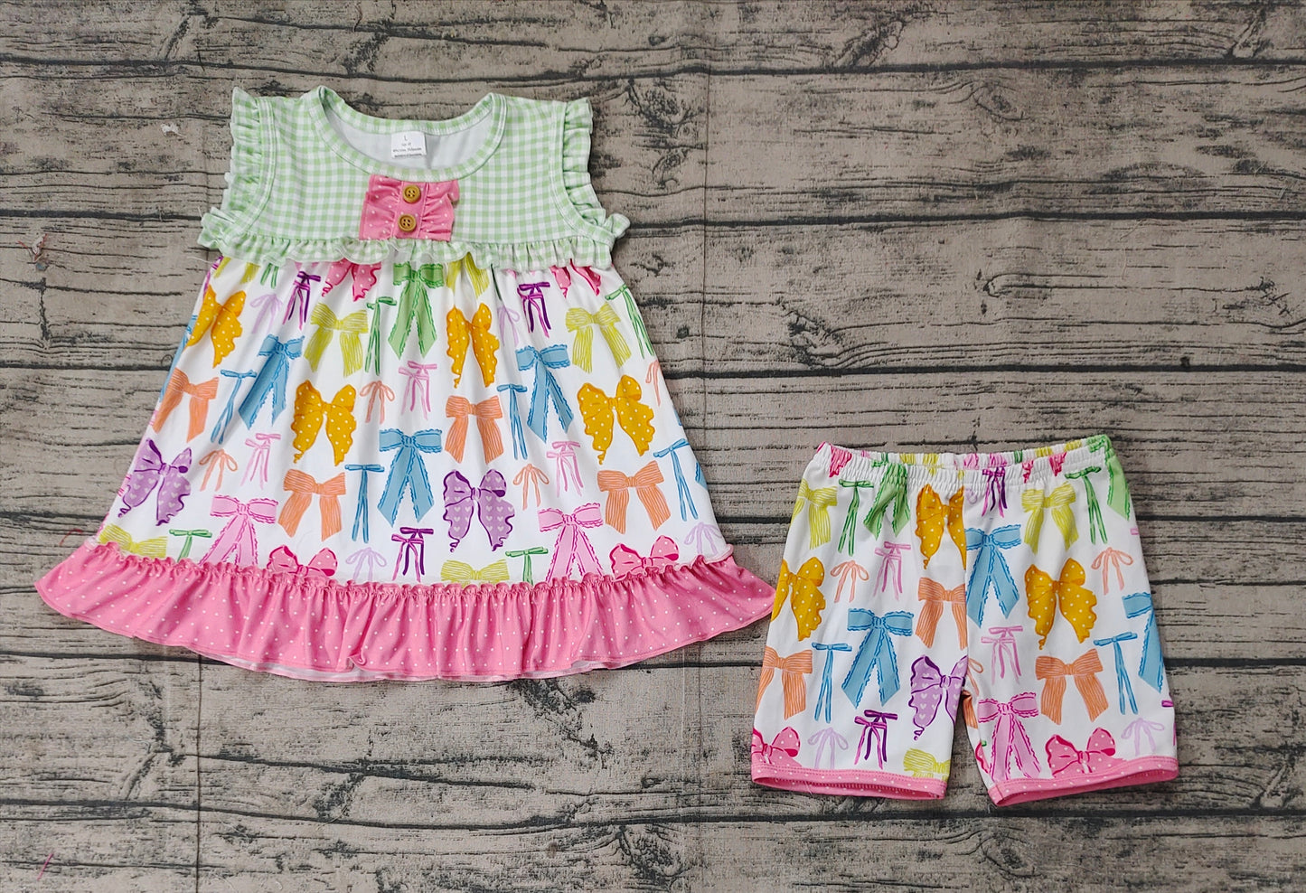 GSSO2089Adorable Sleeveless Plaid Bow Tunic Shorts Set for Girls