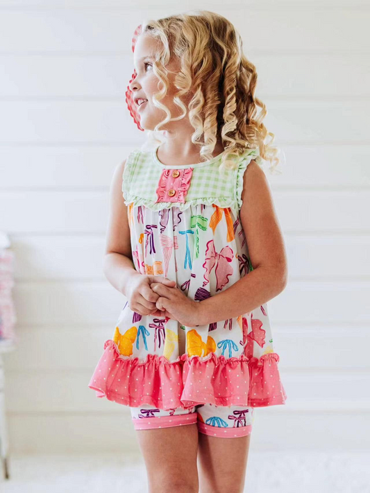 GSSO2089Sleeveless plaid bow tunic shorts girls clothing set