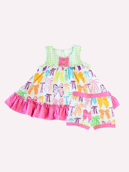 GSSO2089Girls Sleeveless Plaid Bow Tunic Short Set Cute Preppy Clothing Outfit for Kids