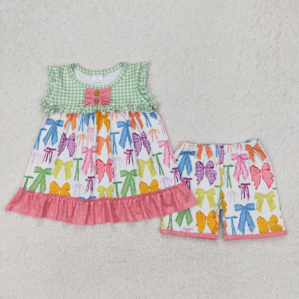 4.17 GSSO2089 RTS NO MOQ Colorful bow pattern polka dot lace green plaid sleeveless shorts set