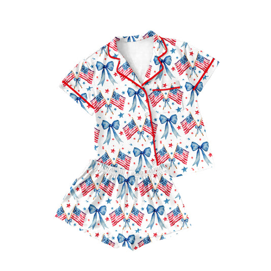 GSSO2091Baby Girls 4th Of July Bows Top Shorts Pajamas Clothes Sets