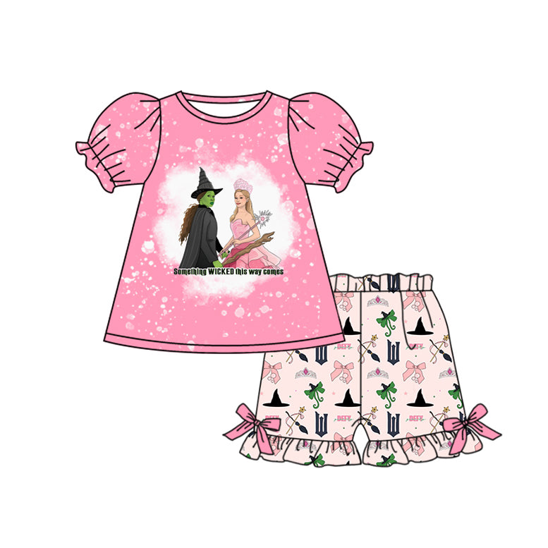 GSSO2092Baby Girls Pink Short Ruffle Sleeves Cartoon Princess Top Bows Short Set