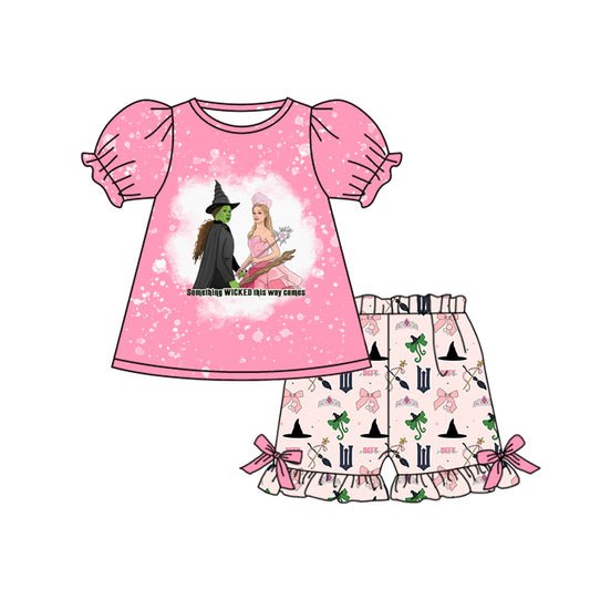 GSSO2092Baby Girls Pink Short Ruffle Sleeves Cartoon Princess Top Bows Short Set