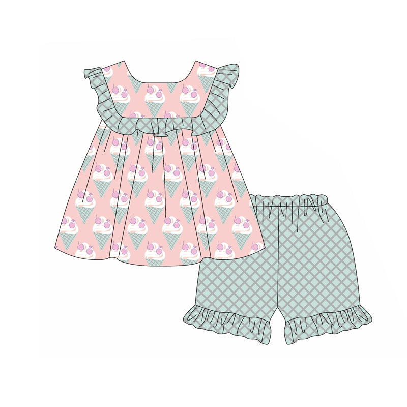 Baby Girls Aqua Peach Ruffle Sleeveless Ice Cream Tunic Plaid Short Set