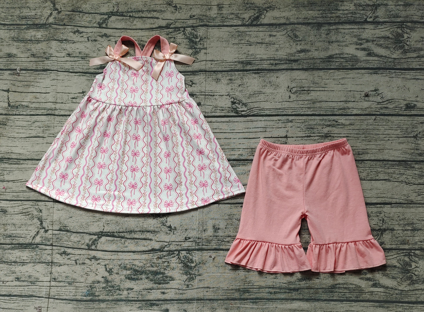 GSSO2094Girls Pink Straps Floral Bow Tunic Ruffle Shorts Set Cute Casual Clothing Outfit for Kids