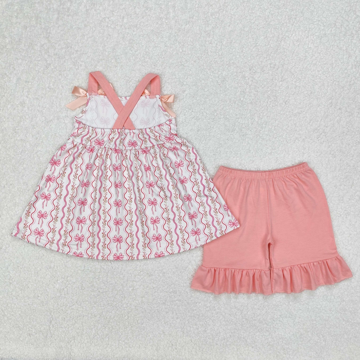 GSSO2094Girls Pink Straps Floral Bow Tunic Ruffle Shorts Set Cute Casual Clothing Outfit for Kids