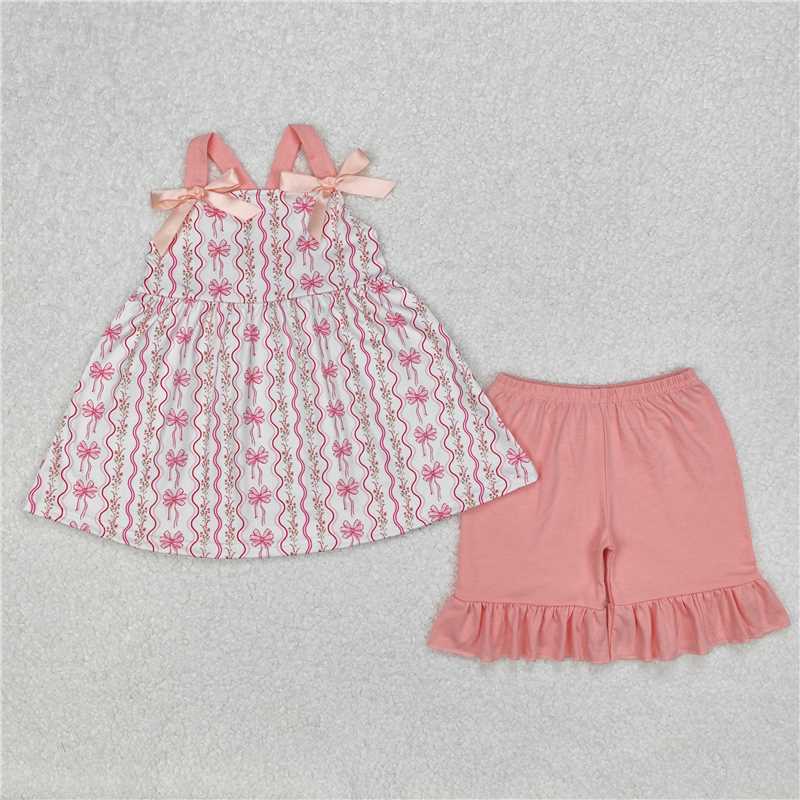 4.26 RTS NO MOQ Girls Pink Straps Floral Bow Tunic Ruffle Shorts Set Cute Casual Clothing Outfit for Kids