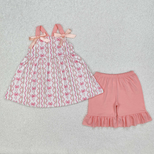 GSSO2094Girls Pink Straps Floral Bow Tunic Ruffle Shorts Set Cute Casual Clothing Outfit for Kids