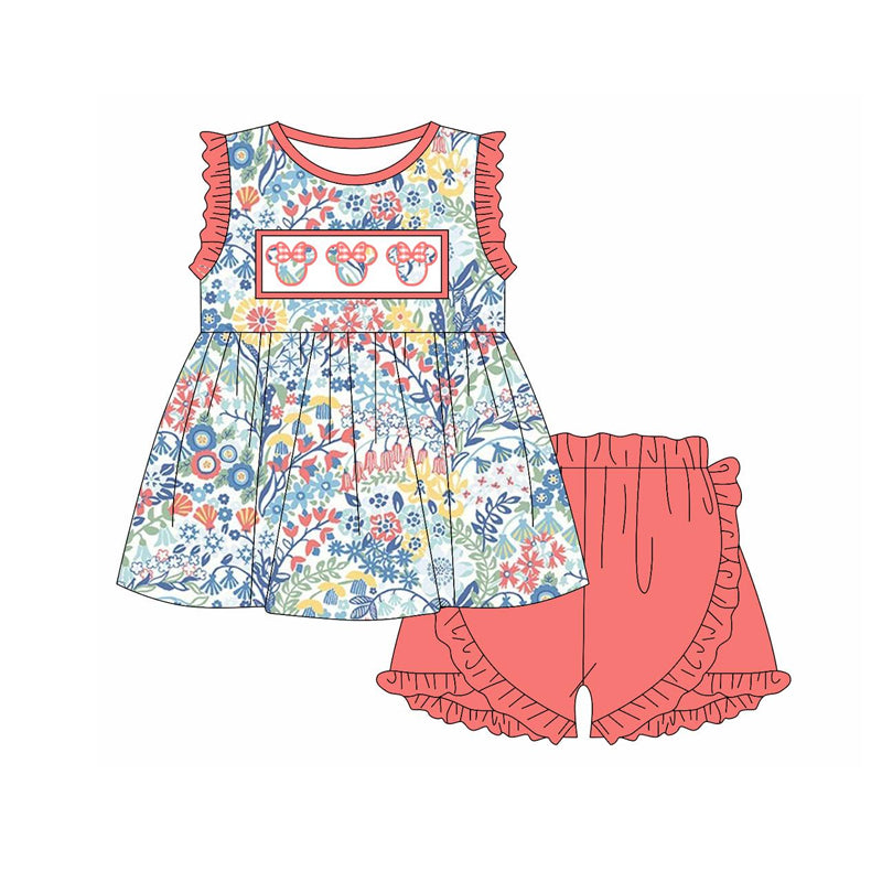 Baby Girls Cartoon Flowers Tunic Top Ruffle Shorts Clothes Sets