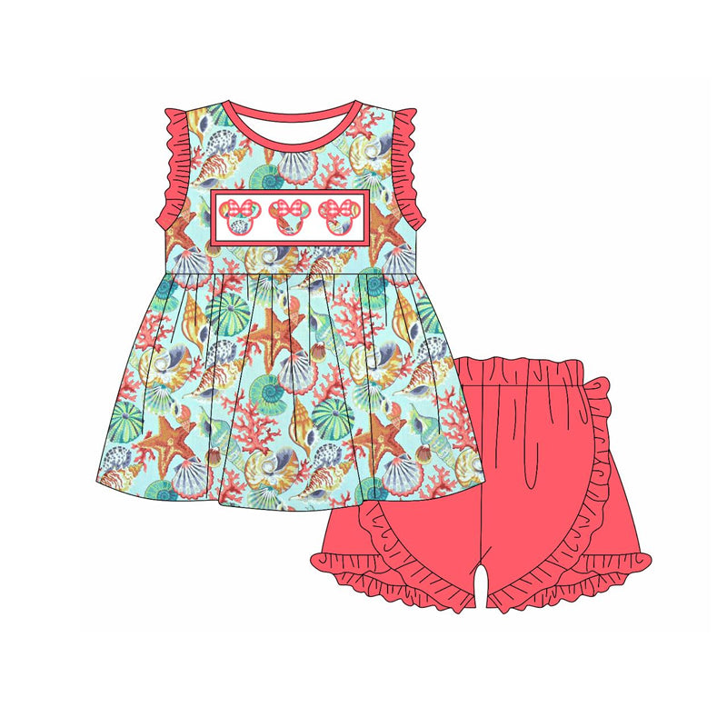 Baby Girls Pink Sleeveless Sea World Cartoon Mouse Tunic Ruffle Short Set