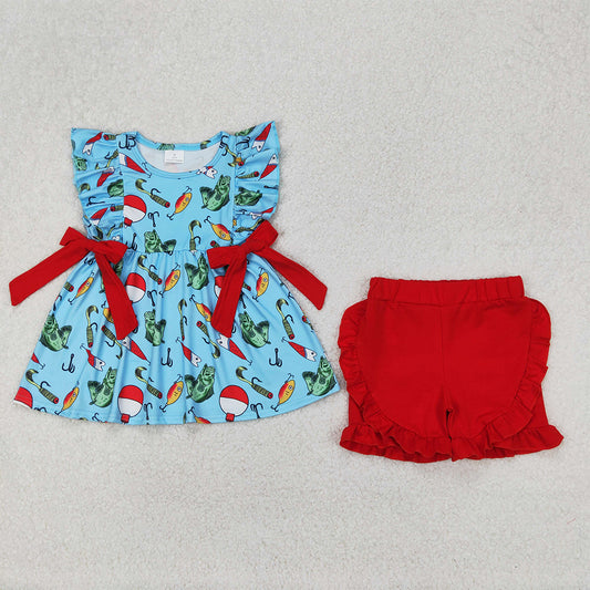 4.12 GSSO2097 RTS NO MOQ Baby Girls Blue Sleeveless Fishes Red Bows Tunic Ruffle Short Hunting Set