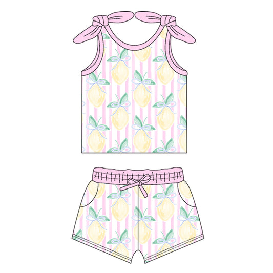 GSSO2098Baby Girls Pink Bows Strap Stripe Lemons Top Pockets Short Set