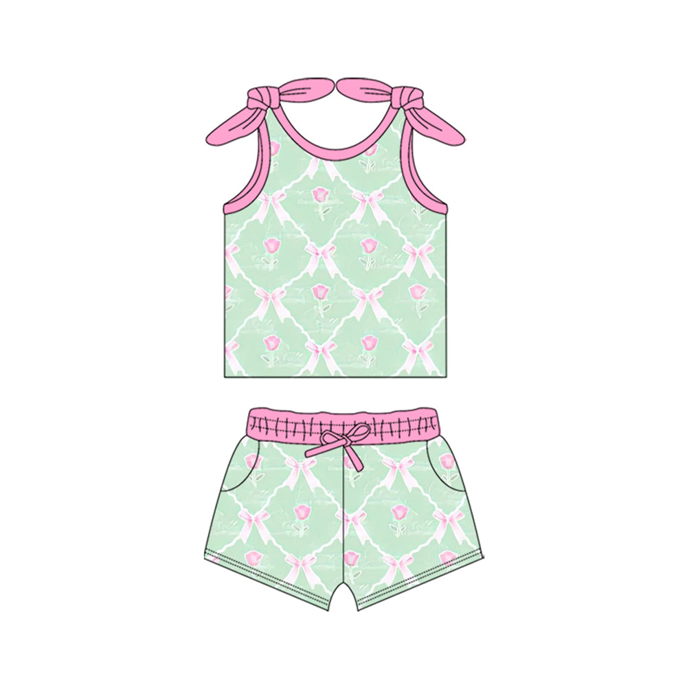 GSSO2099Baby Girls Green Flowers Bows Shirts Top Shorts Clothes Sets