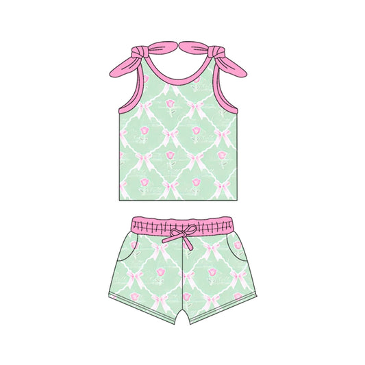 GSSO2099Baby Girls Green Flowers Bows Shirts Top Shorts Clothes Sets