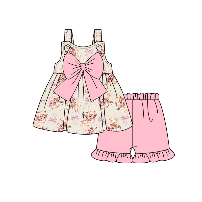 Baby Girls Peach Strap Bows Horses Tunic Ruffle Short Set