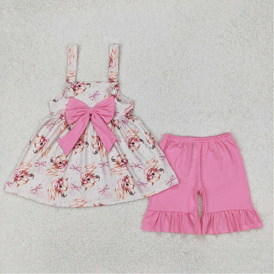 5.16  GSSO2100 RTS NO MOQ Pink bow straps unicorn tunic shorts girls summer outfits