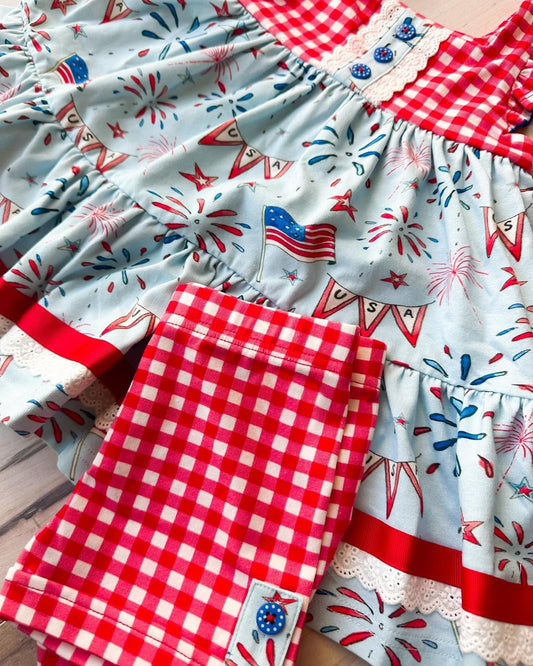 GSSO2101Baby Girls Red Plaid Strap Flags Fireworks Tunic Short 4th Of July Set