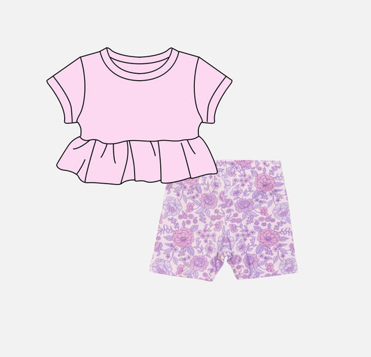 GSSO2102Baby Girls Lavender Short Sleeves Ruffle Top Floral Short Set