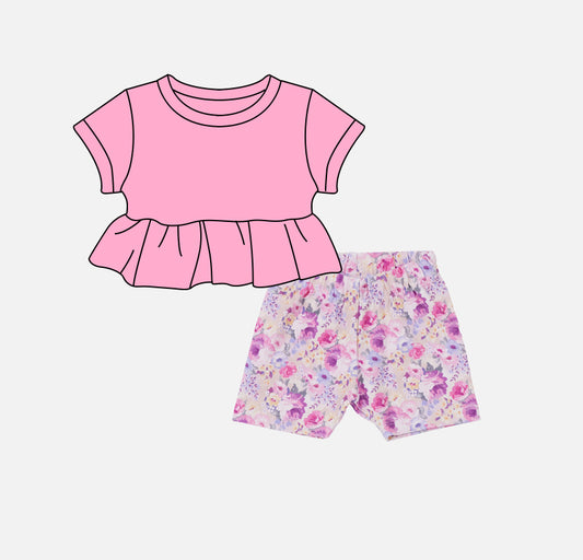 GSSO2103Baby Girls Pink Short Sleeves Ruffle Top Floral Short Set