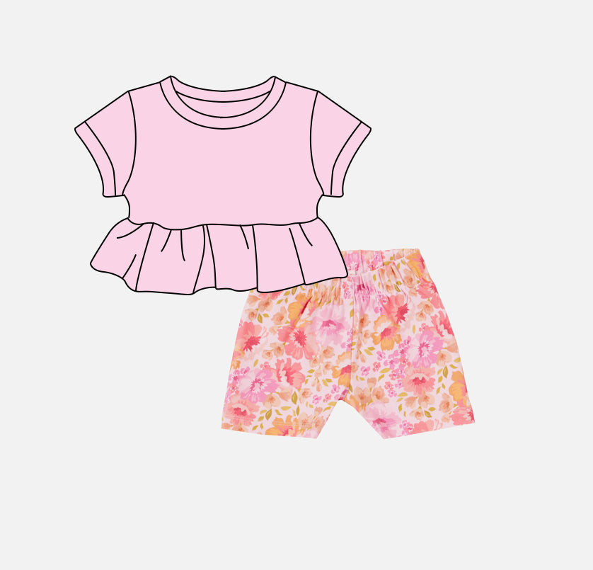 GSSO2104Baby Girls Pink Short Sleeves Ruffle Top Orange Floral Short Set