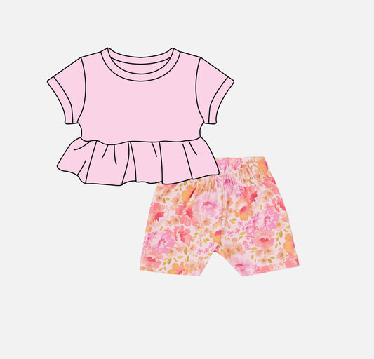 GSSO2104Baby Girls Pink Short Sleeves Ruffle Top Orange Floral Short Set