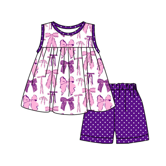 GSSO2105Baby Girls Purple Bows Tunic Top Dots Shorts Clothes Sets
