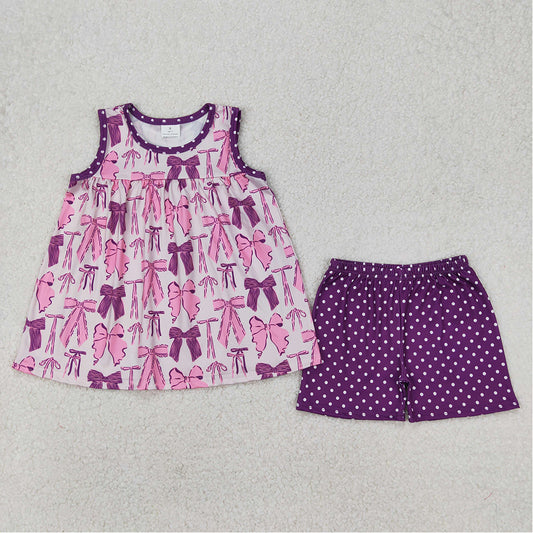6.24  GSSO2105 RTS NO MOQ Sleeveless purple bow tunic polka dots shorts girls clothes
