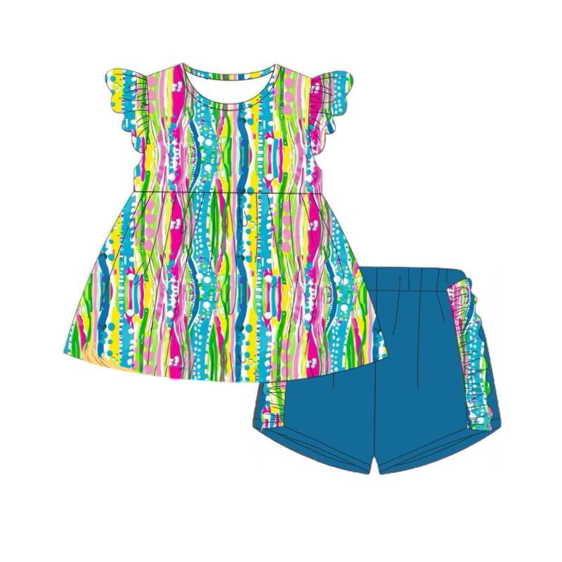 Baby Girls Flutter Sleeves Colorful Stripe Tunic Navy Ruffle Shorts Set