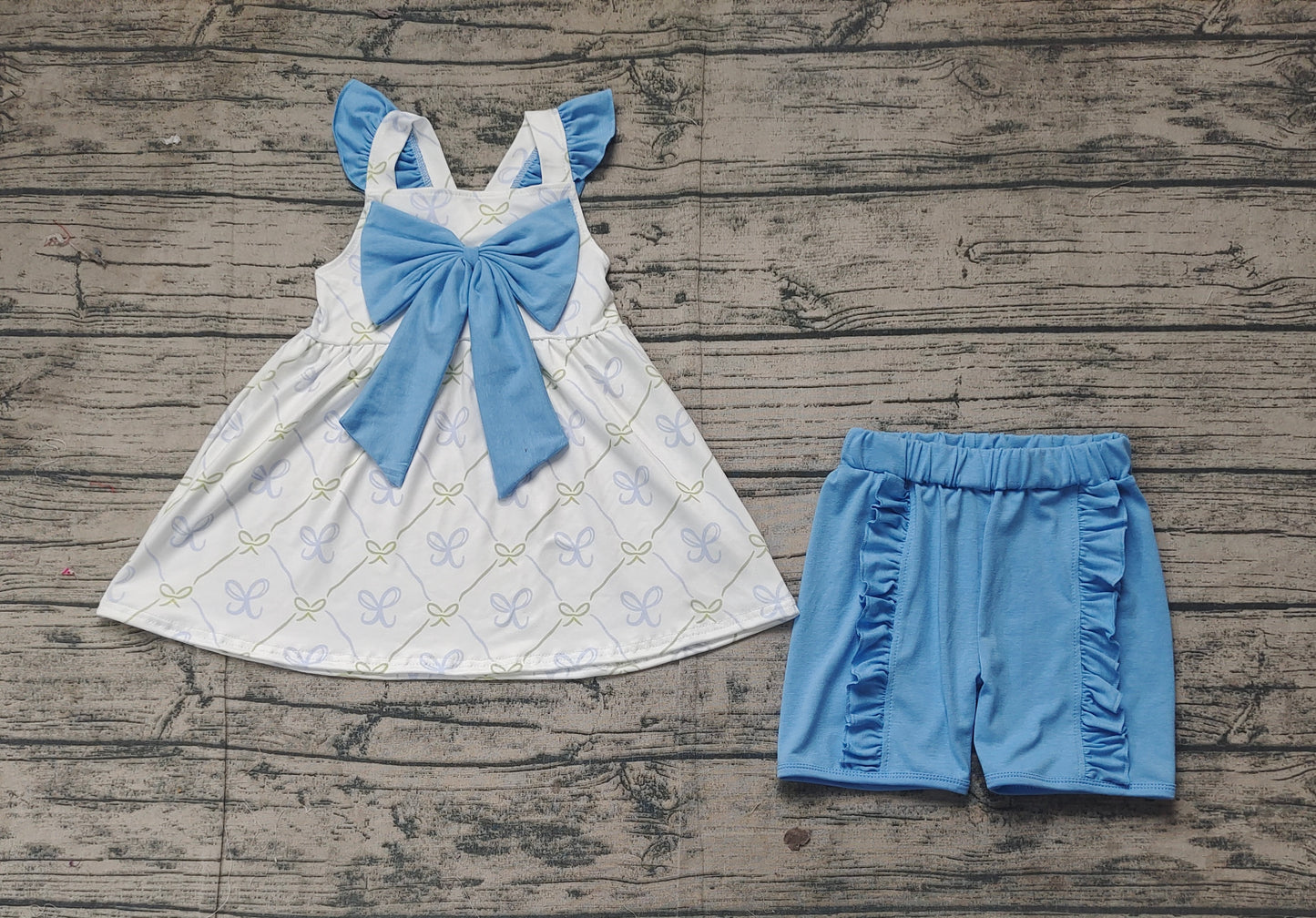 GSSO2109Sweet Flutter Sleeves Light Bow Tunic and Ruffle Shorts Set for Little Girls