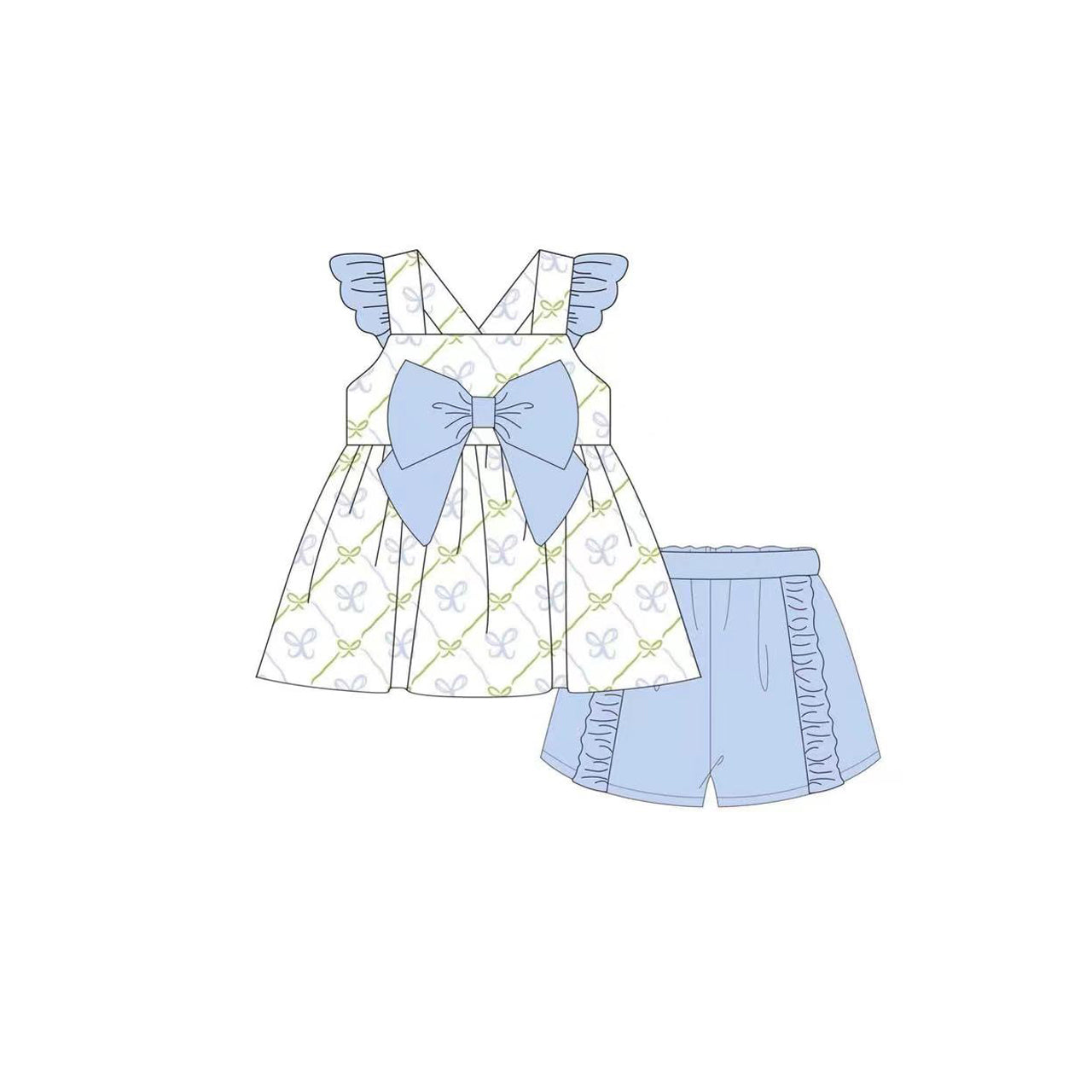 Baby Girls Blue Flutter Sleeves Bows Plaid Tunic Ruffle Shorts Set