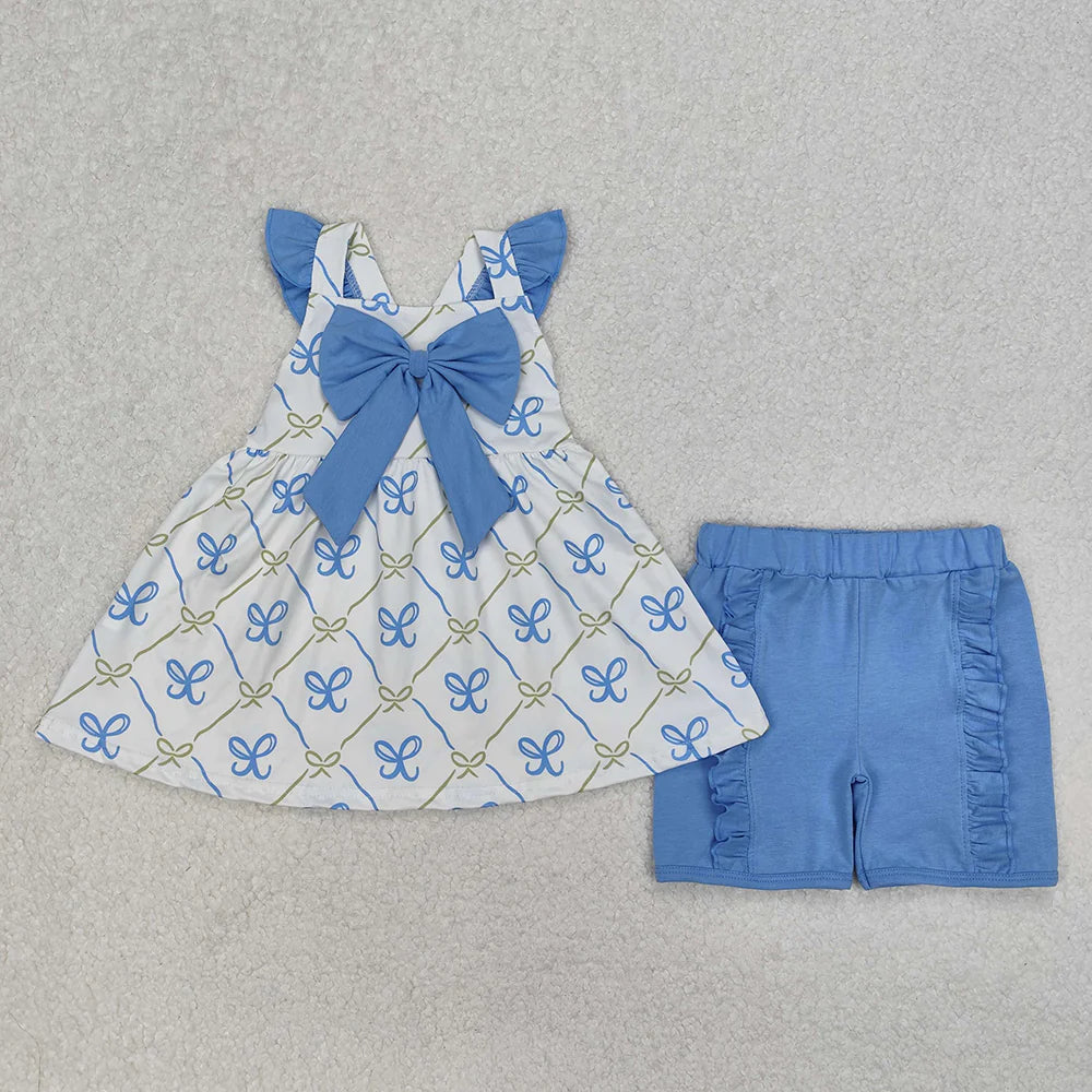 12.5 RTS Sibling Baby Girls Blue Bows Rompers Outfits Sets