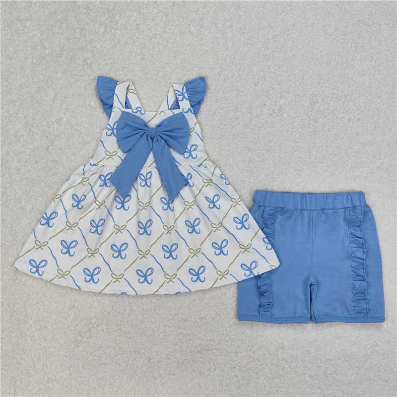 4.18 RTS NO MOQ Girls Tunic Top with Flutter Sleeves Light Bow Detail Ruffle Shorts Set Cute Casual Outfit for Kids