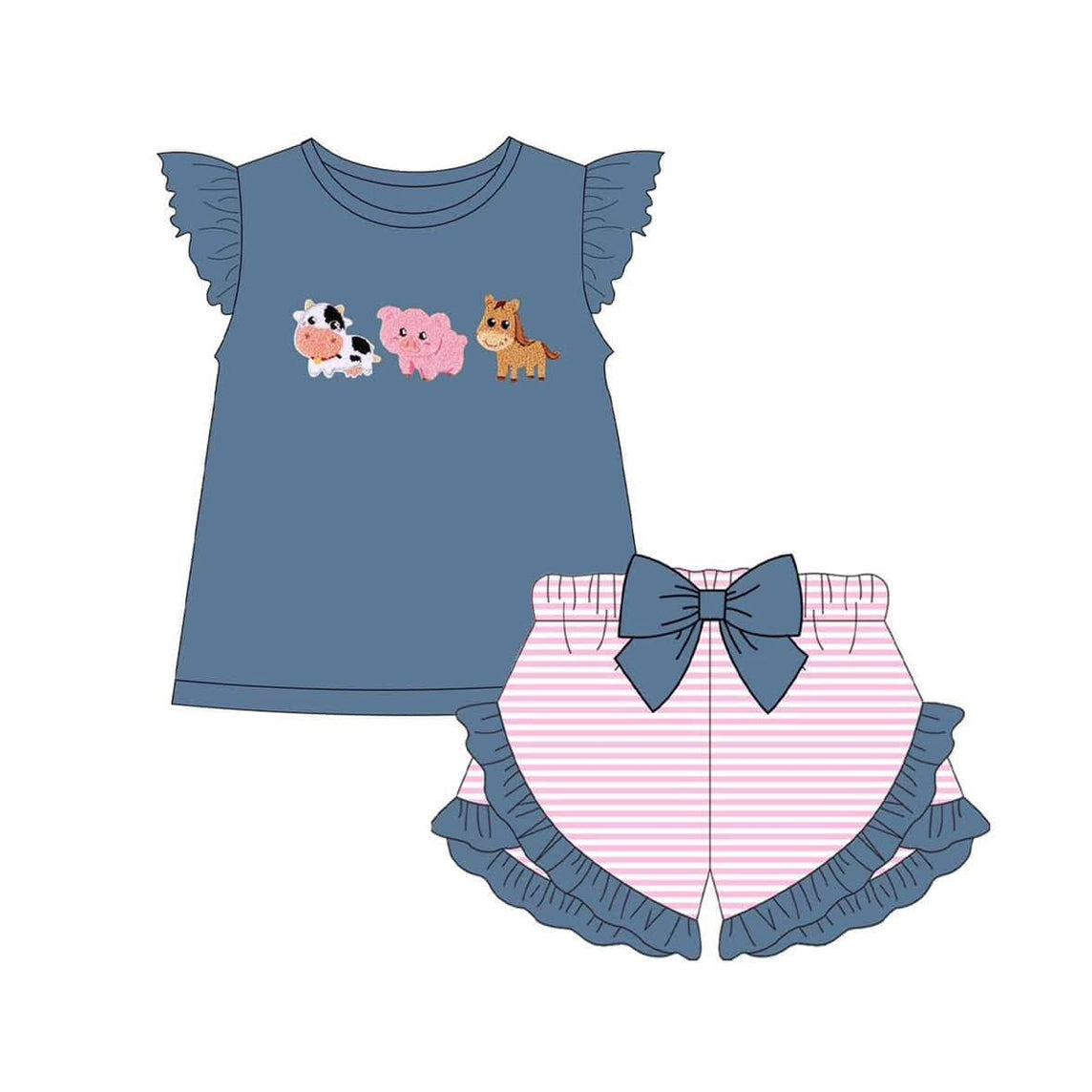 Baby Boys Navy Short Sleeves Pig Cow Top Red Stripes Pockets Short Farm Set