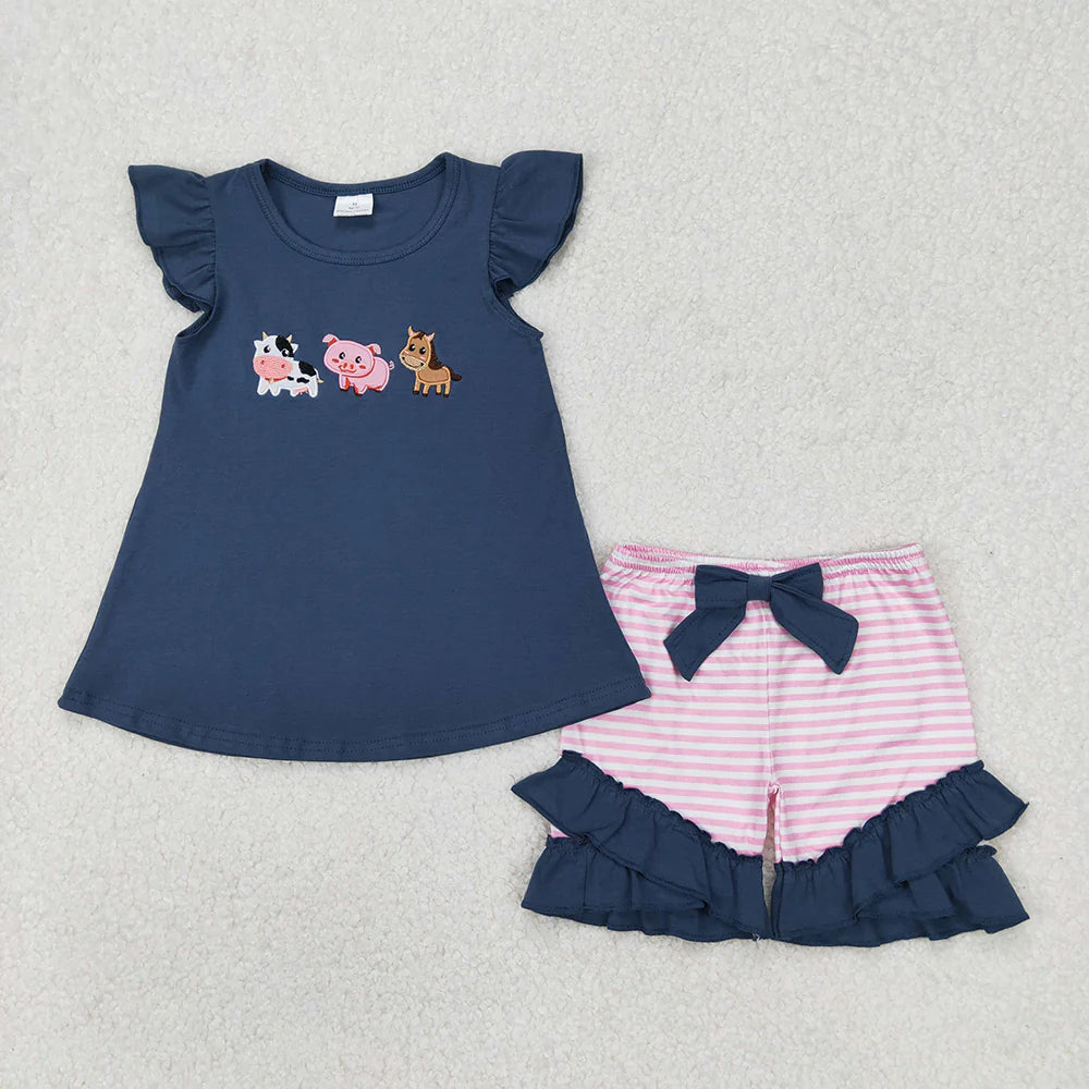11.27 RTS Sibling Embroidery Boys Baby Girls Blue Farm Animals Summer Outfits