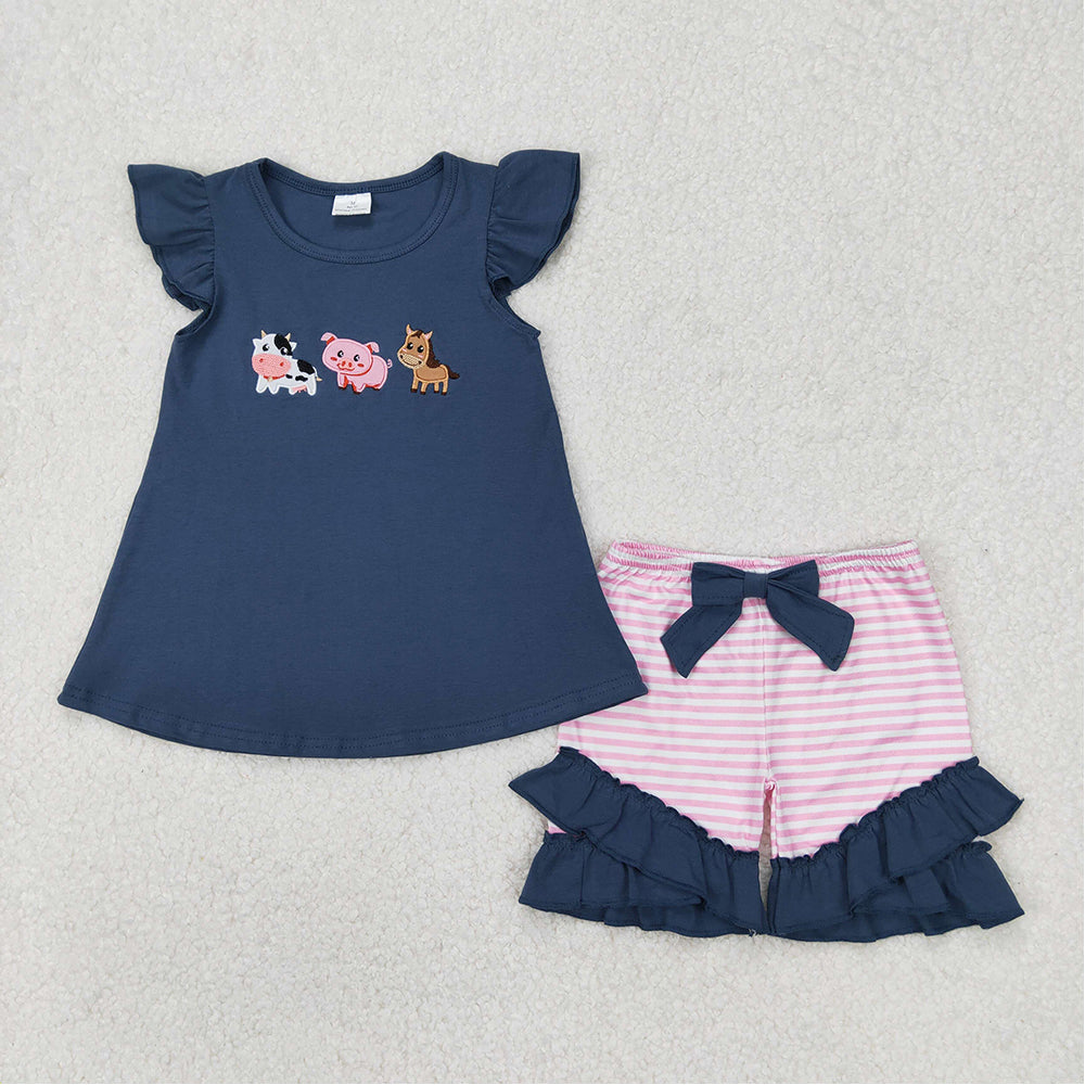 5.16 GSSO2110 RTS NO MOQ Cows pig horse top stripe shorts farm girl clothes