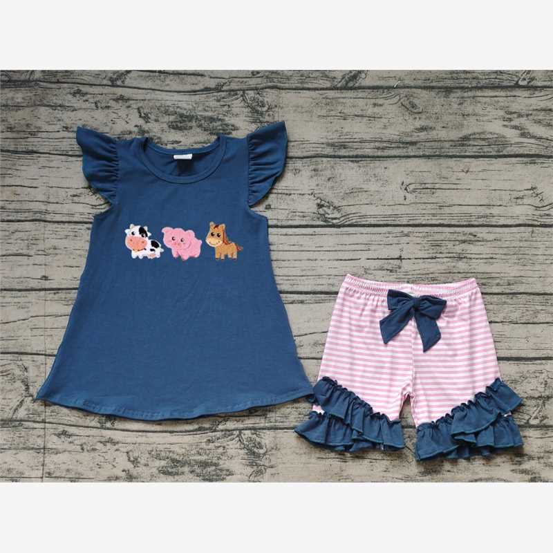 4.22RTS NO MOQ Kids Boys Stripe Shorts Top Set - Cute Animal Print (Cow Pig Horse) Casual Outfit for Children