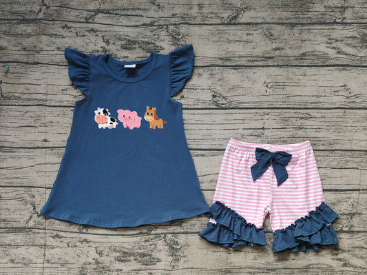 GSSO2110Farm Animal Theme Top And Stripe Shorts Set for Girls Cows Pig Horse Print Outfit Casual Girl's Clothing