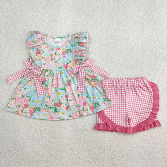 GSSO2111RTS NO MOQ Baby Girls Summer Outfits Baby Girls Ruffle Pink Plaid Bow Floral Summer Clothes Set Cute Toddler Outfit with Skirt And Top