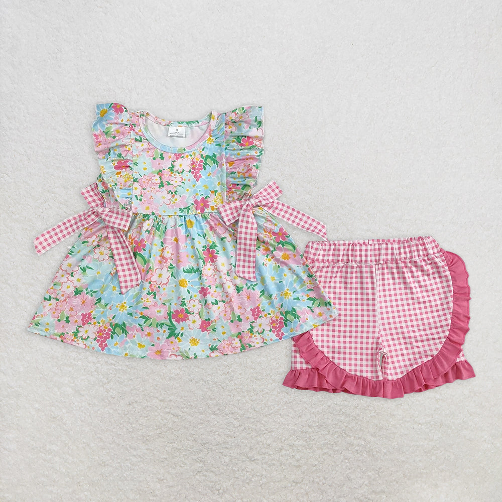 GSSO2111RTS NO MOQ Baby Girls Summer Outfits Cute Ruffle Pink Plaid Bow Floral Ensemble for Baby Girls' Summer