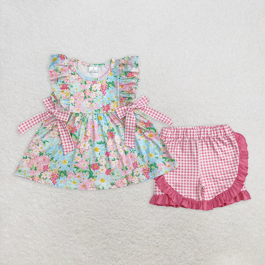 GSSO2111RTS NO MOQ Baby Girls Summer Outfits Cute Ruffle Pink Plaid Bow Floral Ensemble for Baby Girls' Summer