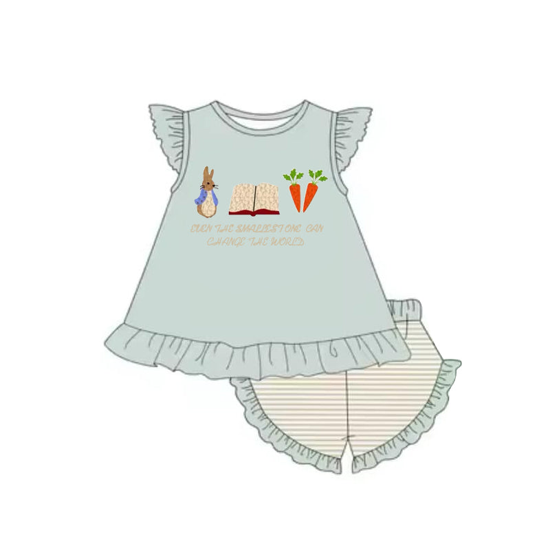 Baby Boys Aqua Short Sleeves Bunny Carrots Top Stripe Pockets Short Easter Set