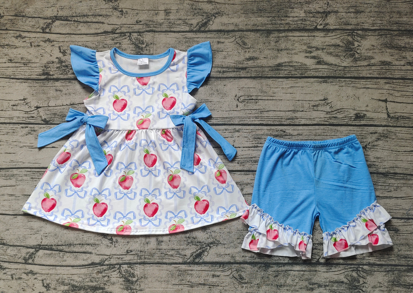 GSSO2114Kids Girls Apple Bow Flutter Sleeve Outfit Back to School Ensemble for Ages 2-12
