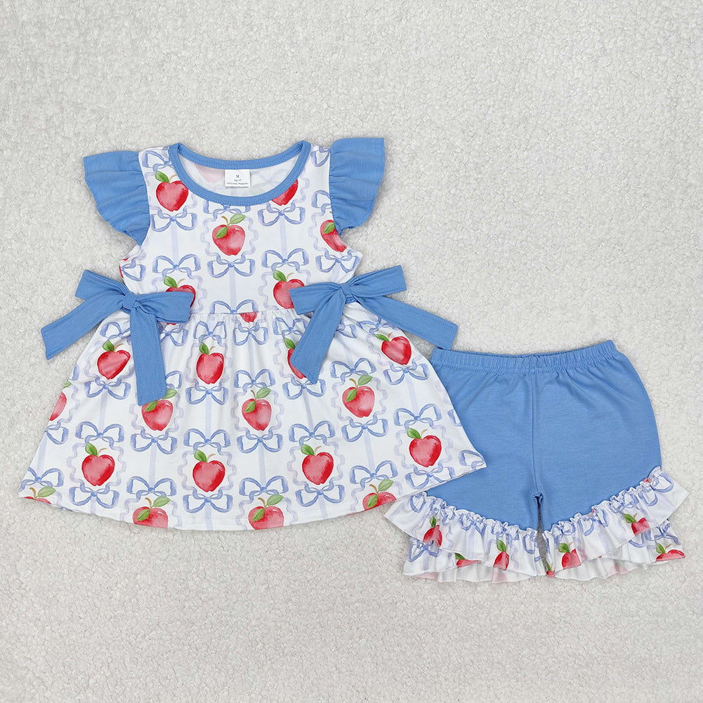 GSSO2114Kids Girls Apple Bow Flutter Sleeve Outfit Back to School Ensemble for Ages 2-12
