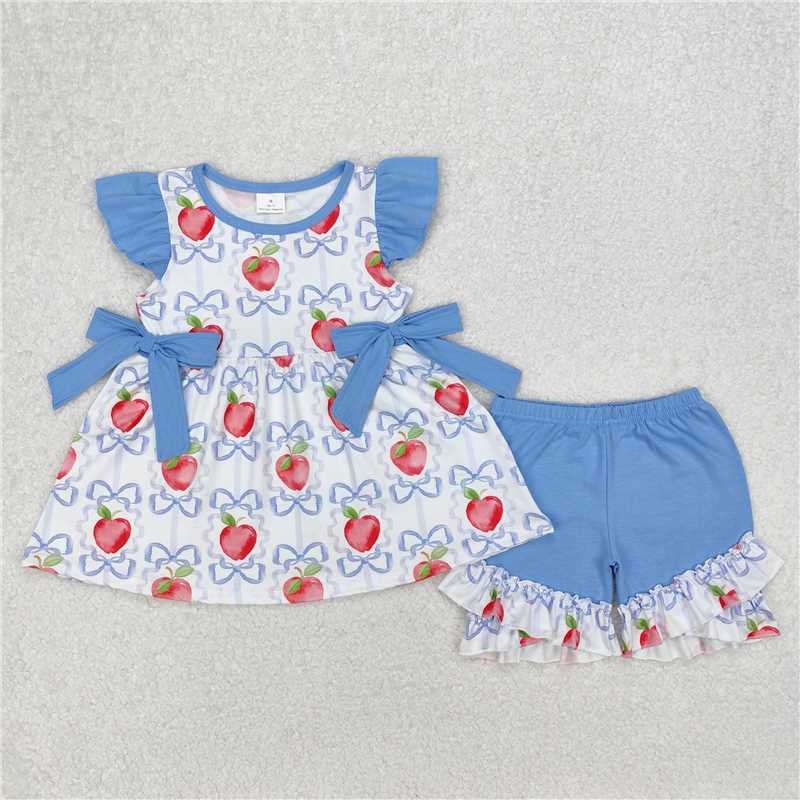 4.26 RTS NO MOQ Kids Girls Apple Bow Flutter Sleeve Outfit Back to School Ensemble for Girls