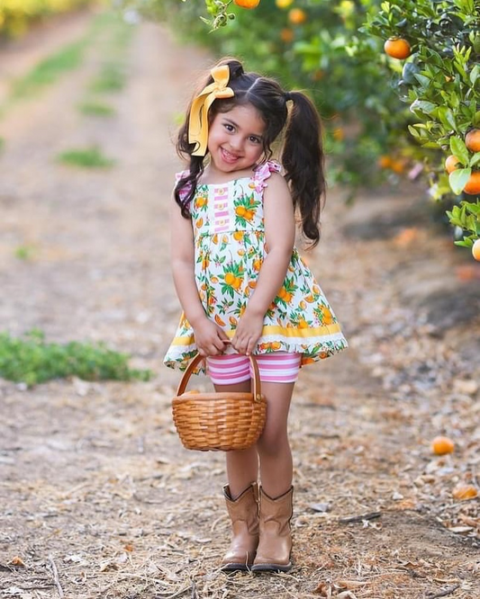 GSSO2115Flutter sleeves lemon tunic stripe shorts girls clothing