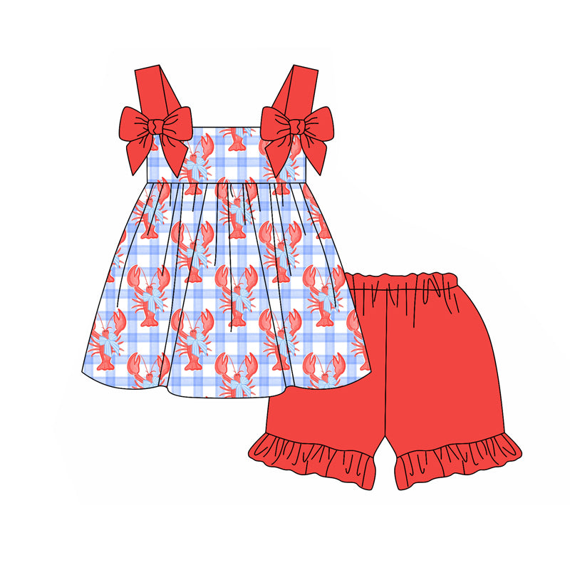 Baby Girls Blue Checkered Crawfish Bow Top Shorts Clothes Sets
