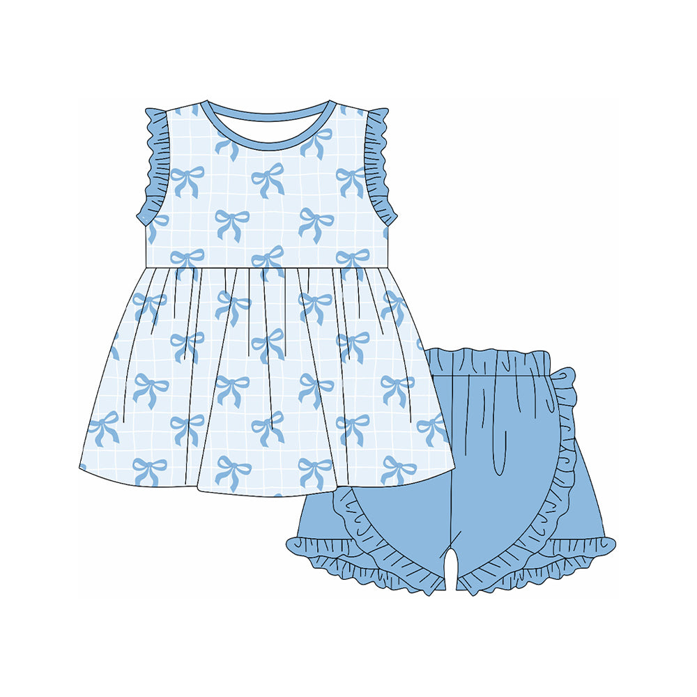 Baby Girls Blue Bows Sleeveless Tunic Ruffle Shorts Clothes Sets