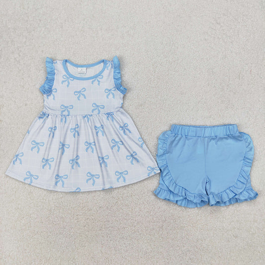 GSSO2120 New Rts No Moq 8-9 Days By Air Arrived it Light blue bow tunic ruffle shorts girls clothing set