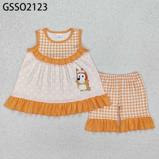 GSSO2123 New Rts No Moq 8-9 Days By Air Arrived it Yellow sleeveless plaid dog tunic shorts girls clothes